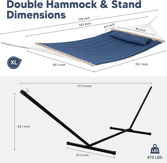 SUNCREAT 2 Person Free Standing Hammock with 15 ft Stand, 475 lbs Capacity, Backyard Hammock with Stand, Navy