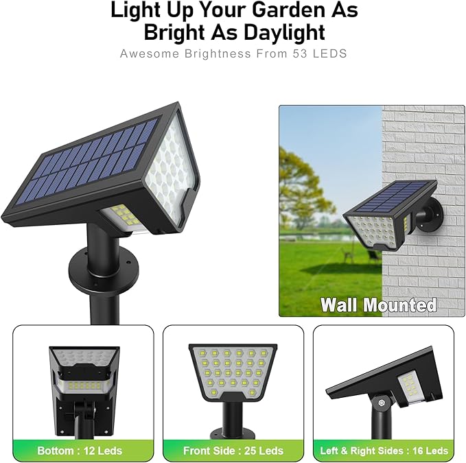 Solar Spot Lights Outdoor IP65 Waterproof, 53 LEDs Solar Powered Garden Yard Lights Outdoor 3 Modes Landscape Spotlight Wall Light with Auto On/Off for Driveway Porch 2 Pack (Cool White)