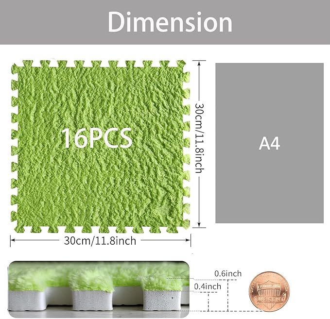 16pcs 0.6" Thickened Interlocking Tile Mats,Fluffy Shaggy Soft EVA Foam Area Rug for Living Room & Bedroom,Non-Slip Protective Floor Carpet Play Mat Kids Baby Dorm Home Decor (11.8ft, Green)