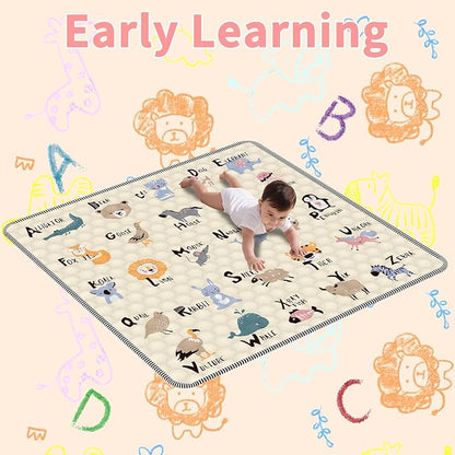 Baby Play Mat for Floor 59x59, Soft Portable, Non-Slip Crawling Mat Machine Washable Foldable Playmate for Babies,Toddlers, Infants Indoor/Outdoor Use, Alphabet & Animal Design