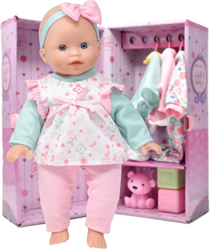 Gift Boutique Baby Doll 14 Inch Soft Body with Clothes & Accessories Sets of Outfits with Hangers Teddy & Toy Blocks Playset Wardrobe Storage Closet, Ideal Gift for Kids - Set of 4