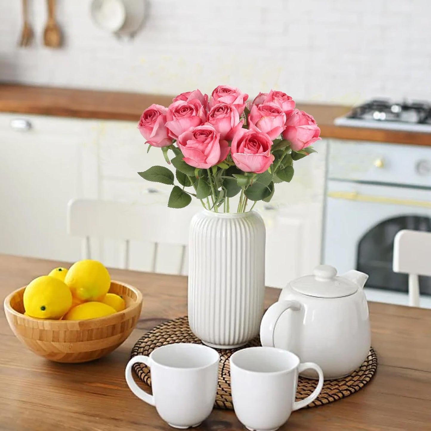 12 pcs Hot Pink Roses Artificial Flowers Vintage Burnt Edge Rose 20" Realistic Silk Roses Bouquet with Long Stem for Wedding Party Floral Centerpieces Decoration (Hot Pink)