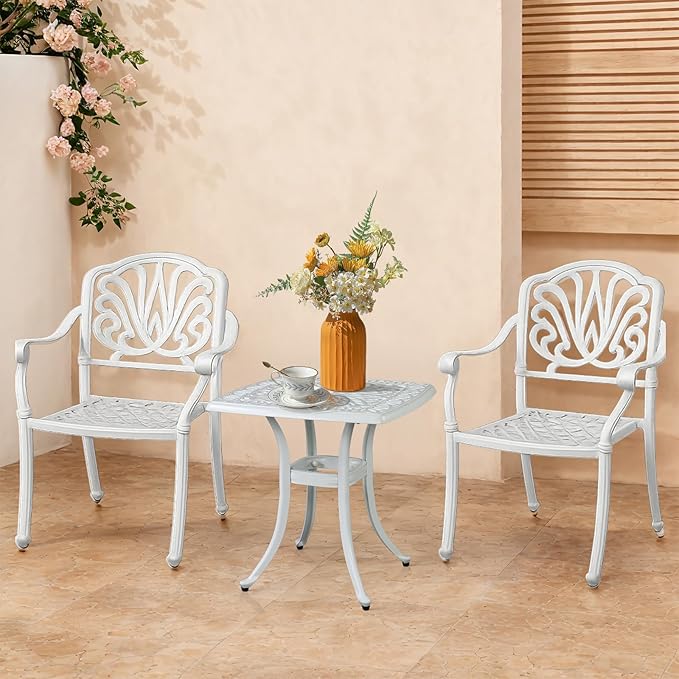 Outvita Patio Side Table, 21.3in Outdoor Square Cast Aluminum Bistro Table with Umbrella Hole and Antique Design for Backyard Porch Pool Balcony Deck White