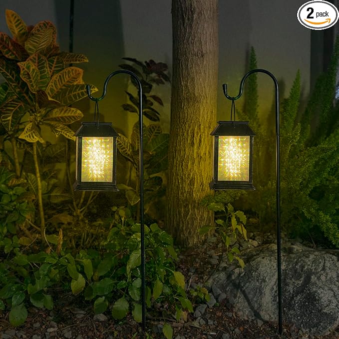 2 Pack Solar Lanterns Outdoor Waterproof, 3D Hanging Solar Lights, Type-C Rechargeable LED Pathway Lights with 2 Modes (Steady & Flashing), for Garden Decor, Patio, Yard, Camping