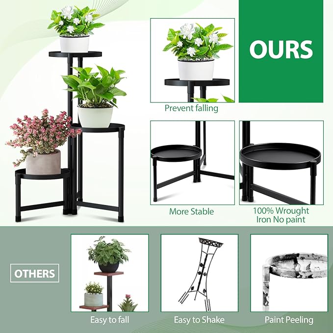 Tall Plant Stand Indoor Outdoor, Corner Metal Flower Pot Stands for Multiple Plants,3 Tier Heavy Duty Plant Shelf for Patio Garden Balcony Living Room Bedroom (3 tier 01)