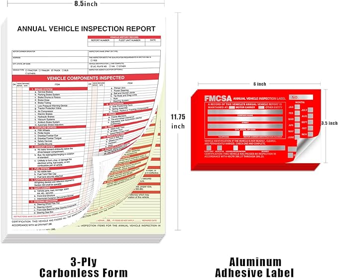 Goldenfox DOT Inspection Forms and Stickers,50-Pack,3-Ply Carbonless Annual Vehicle Inspection Report Form(8.5" x 11.75) with Red Exterior Aluminum Inspection Label(6"x3.5"), Permanent Adhesive.