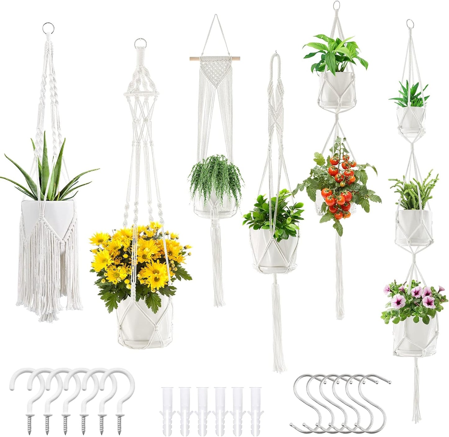 Macrame Plant Hangers, 6Pack Hanging Planters for Indoor Plants w/ 6 Set Hangers Kit Handmade Macromay Plant Hangers Indoor Flower Pots Holder Stand for Boho Home Décor (POTS NOT Included)