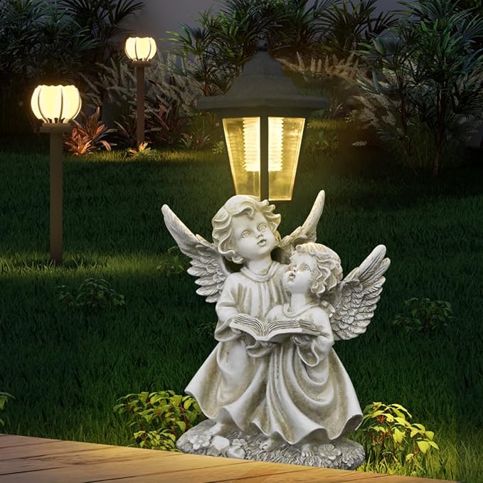 Solar Garden Outdoor Decor Statues Winged Angel Reading with Light,Outside-Outdoor Decorations Sculptures for Patio Yard Lawn Walkway Ornaments Clearance Gifts for Mom Grandma Birthday