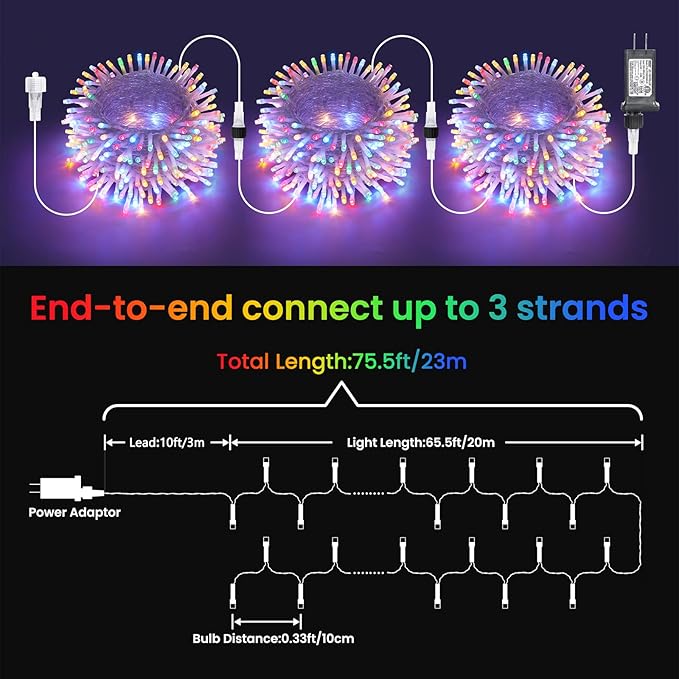 Multicolor 75 Ft 200 LED String Lights - Connectable, 8 Modes, Timer, Waterproof Fairy Twinkle Lights for Christmas Party, Garden, Patio, Home, Holiday, Xmas Tree Decorations