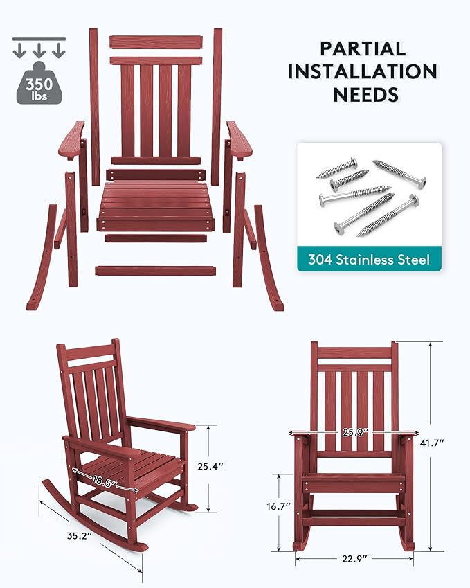 SERWALL Outdoor Rocking Chair Set of 2, HDPE Rocking Chairs for Adult, All Weather Porch Rockers for Lawn Garden, Crimson Red