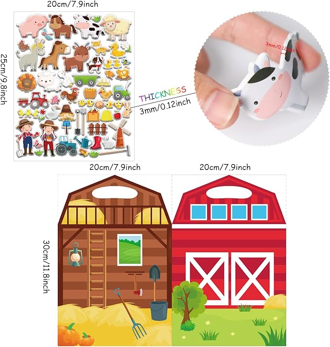3D Farm Animals Puffy Sticker Book for Kids Window Thick Gel Clings Decals Stickers 100 Pcs Removable and Reusable Toys Gifts for Toddlers Home Car Classroom Nursery Farm Party Supplies Decorations