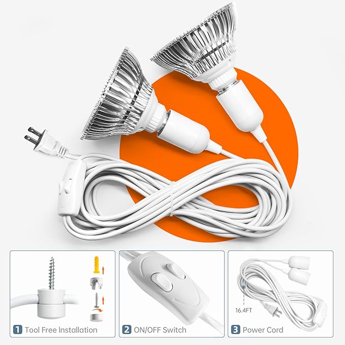 Hanging Grow Light, 50W (25W X 2), One Cord Double Head, Led Grow Lights for Indoor Plants, Full Spectrum, Grow Lights for Seed Starting, Hanging Plant Light Bulbs with 16.4FT Power Cord