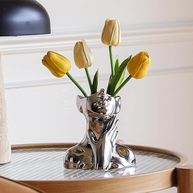BrownLove Silver Ceramic Face Vase, Modern Silver Decorative Art Vase, Bookshelf Placed On The Desktop, Small Living Room, Office and Bedroom
