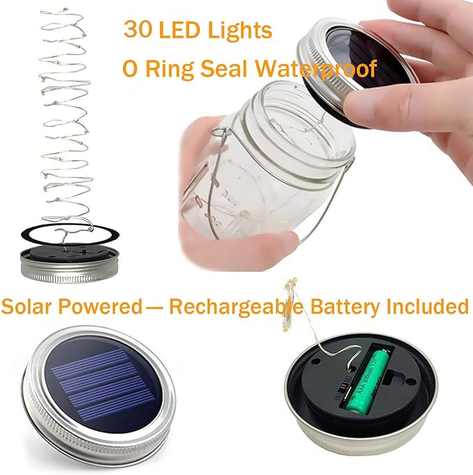 Mason Jar Solar Lights,8 Pack 30 LEDs Fairy Hanging Mason Jar Lights,Solar Lanterns for Outdoor Patio Party Garden Wedding Christmas Decor Lights(Mason Jars/Handles Included)