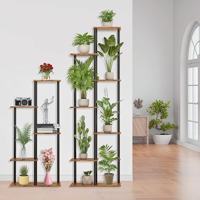 Plant Stand Indoor 7 Tier 8 Potted Metal Wood Plant Shelf, Multiple Flower Pots Corner Tall Plant Holder Stands for Living Room Balcony Bedroom, Rustic Brown