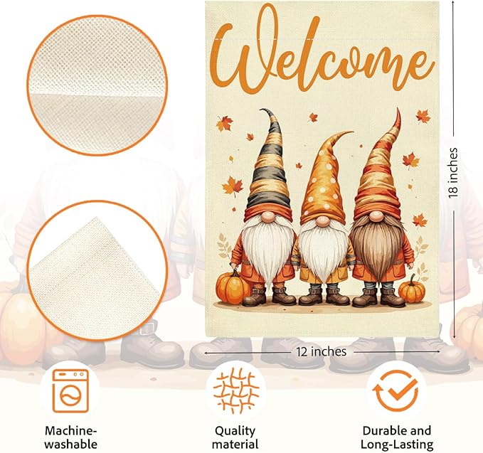 Welcome Fall Garden Flag Autumn Gnomes Garden Flag 12x18 inch Double Sided Fall Thankful Maple Leaves Flags Holiday Decorations for Yard Lawn Patio (Flay 1809)