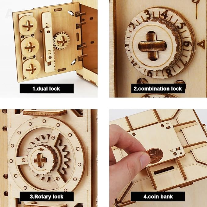 3D Wooden Safe Box Puzzle DIY Kit - 111 Pieces Mechanical Coin Bank with Combination Lock - Laser Cut, Elegant Design, Gift for Puzzle Lovers