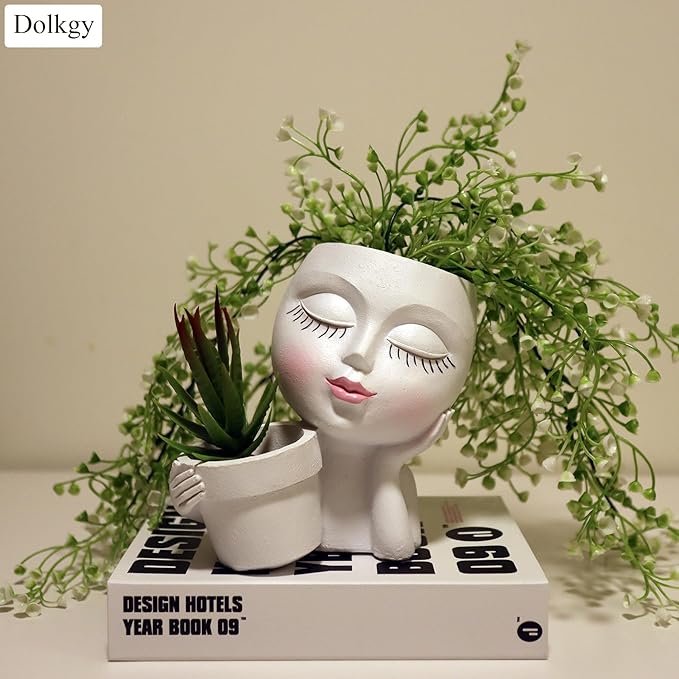 Head Planter Face Flower Pot, Dolkgy Woman Face Planter Unique White Head Planters for Indoor Outdoor Plants, Novelty Plant Pot Cute Lady Head Vase with Drainage Hole for Home Garden Succulents Cactus