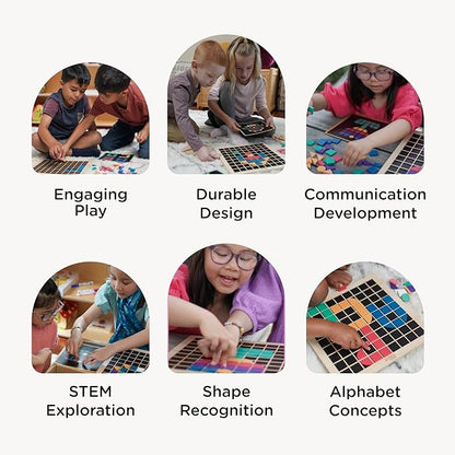 Tomaze Montessori Mosaic Tinker Tangram Set - Large Pixel Pattern Play Blocks, Wooden Grid Board, Educational STEM Puzzle for Learning Letters, Shapes - Safe & Easy To Grasp - Toy Gift for Kids Age 4+