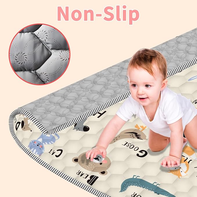 Baby Play Mat for Floor 59x71, Extra Large Soft Portable, Non-Slip Crawling Mat Machine Washable Foldable Playmate for Babies,Toddlers Indoor/Outdoor Use, Alphabet & Animal Design