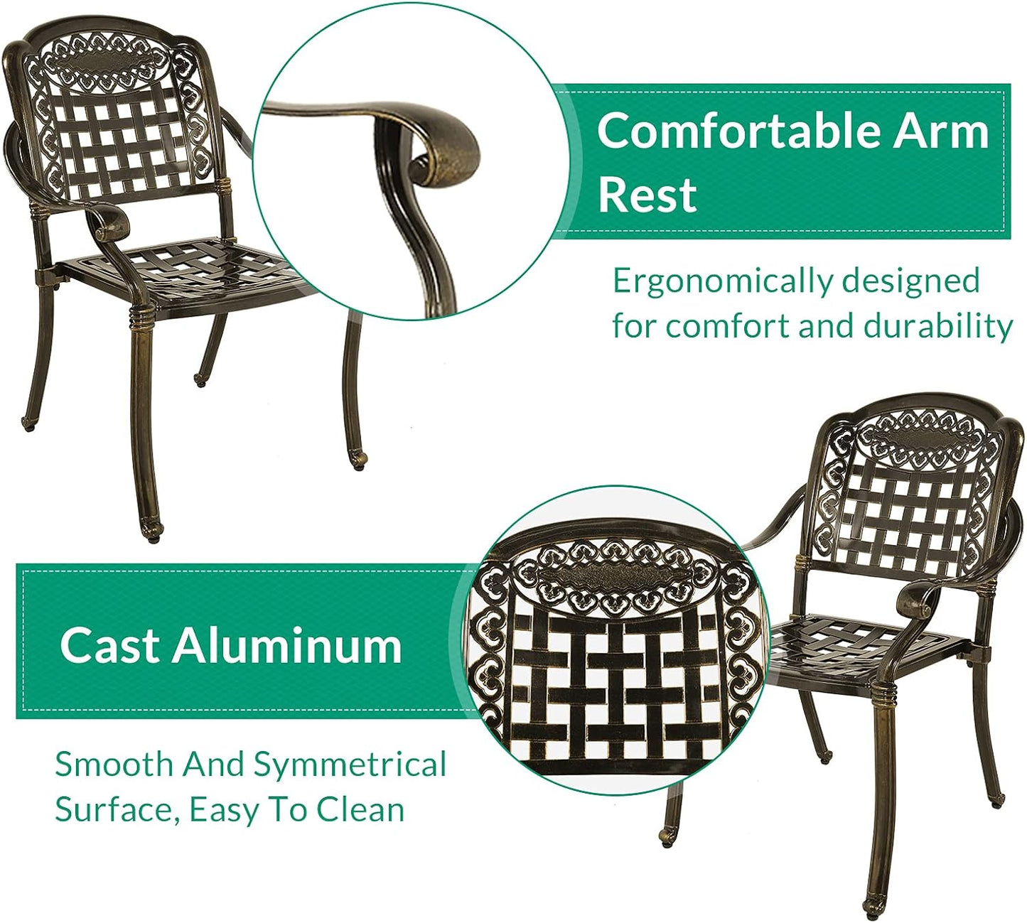 VIVIJASON 3-Piece Outdoor Patio Bistro Set, All-Weather Cast Aluminum Furniture Dining Sets Include 2 Chairs and 31" Round Table w/Umbrella Hole for Balcony, Lawn, Garden, Backyard, Antique Bronze
