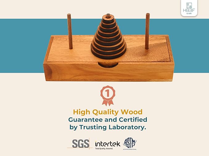 BSIRI Fun Puzzle Board Games Gifts of Hanoi Tower (9 Rings) with Wooden Designs for Brain Teasers Logic Games Kids and Adults to Challenges Mastermind Game and Think for Fun Learning Tower Puzzles