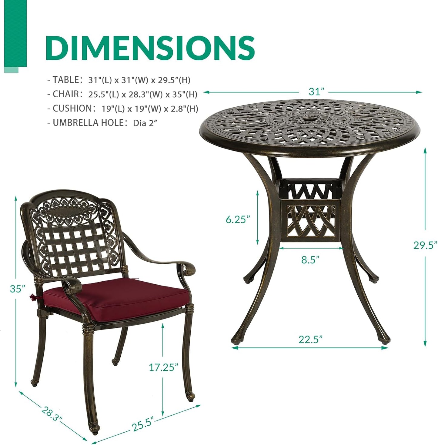 VIVIJASON 3-Piece Outdoor Patio Bistro Set, All-Weather Cast Aluminum Furniture Dining Sets Include 2 Cushioned Chairs and 31" Round Table w/Umbrella Hole for Balcony, Garden, Backyard, Red Cushion