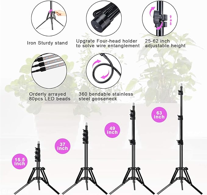 Plant Grow Light with Stand, 4 Heads Red Blue Spectrum Grow Lamps with 15-63" Adjustable Tripod Stand, 4/8/12H Timer, 3 Switch Modes, Indoor Plant Light with Remote Control