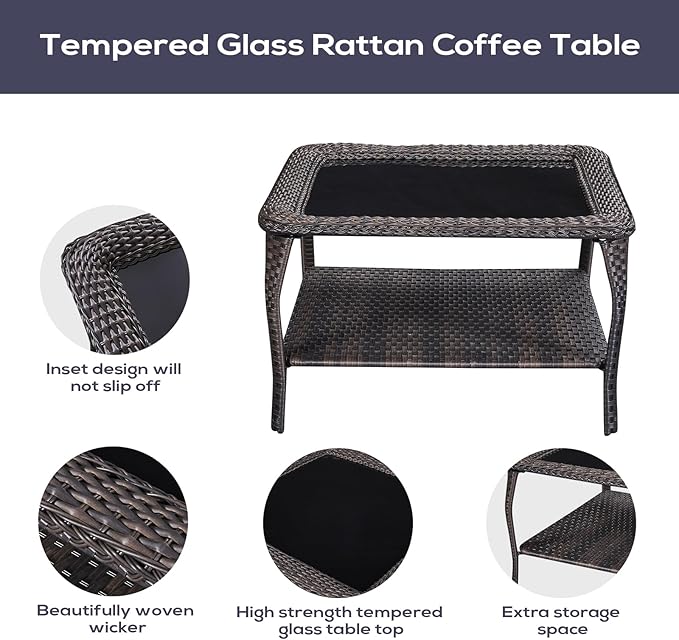 Outdoor Furniture Sectional Sofa L Shaped Couch - Patio Wicker Set with Coffee Table, 3 Piece Rattan Patio Conversation Sets with Gray Cushion for Deck Backyard Sunroom