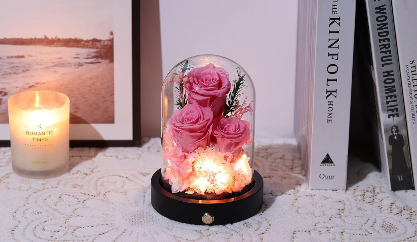 Mothers Day Flowers Gifts for Mom,Pink Forever Preserved Roses in Glass Dome, Anniversary Valentines Day Birthday Gifts for Wife Grandma Women Daughter Mother Her
