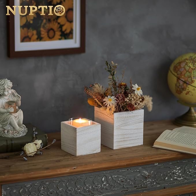 NUPTIO Wooden Box for Centerpiece Wedding: 6 Pcs Rustic Square Planter Box FarmhouseTable Fall Decor - 4×4" & 5×5" Whitewashed Small Wood Vases Flower Pots for Windowsill Home Garden