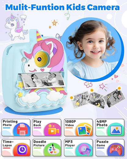 Kids Camera Instant Print, Christmas Birthday Gifts for Kids Age 3-8, 48MP &1080P Kids Camera with Print Paper, Portable Toy Instant Camera for Kids 3 4 5 6 7 8 9 10 Year Old Boys Gifts/Girl Gifts