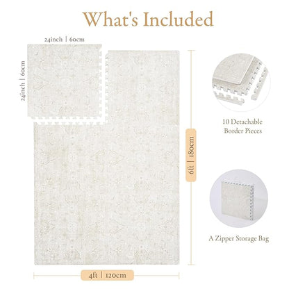 PopsyKosy Super 1 Inch Thick Premium Quality Exercise & Baby Foam Play Mats - Expandable & Large Non-Toxic Odorless Floor Mat - 6 Tiles Spacious 6x4ft - Peel-Resistant - Pearl Beige