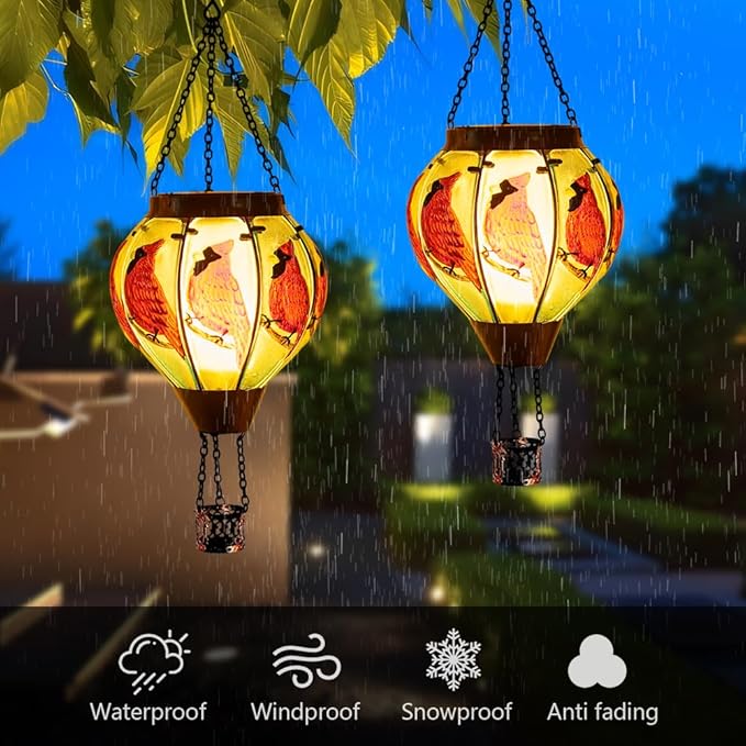 Starsoul 2 PC Cardinal Hot Air Balloon Solar Lantern with Flame Glass Outdoor Hanging Hot Air Balloon Solar Light Waterproof Garden Patio Yard Party Decorations