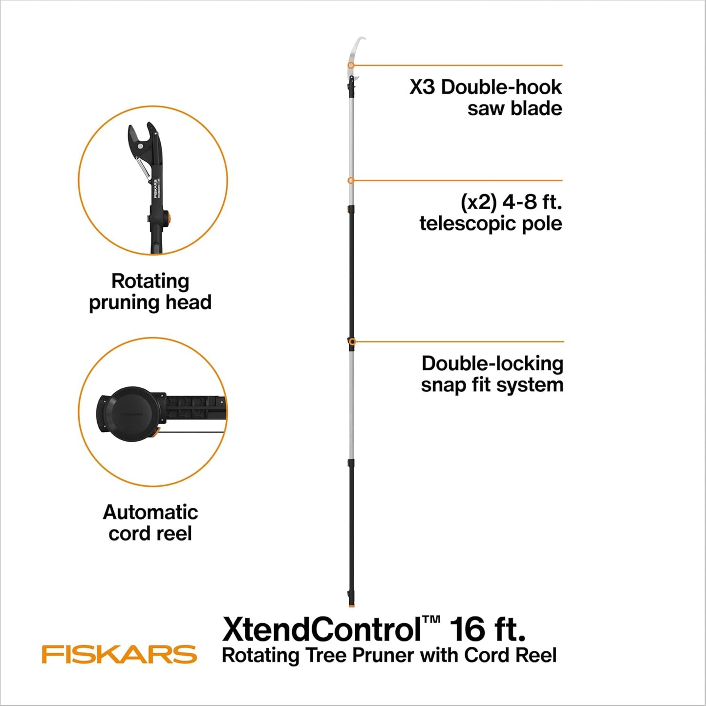 Fiskars XtendControl Extendable Tree Pruner (16 ft), Adjustable Branch Trimmer with Rotating Pruning Head, 15" X3 Double-Hooked Saw, 4-8 ft Extension Poles & Automatic Cord Reel for Precision Cutting