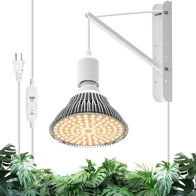 Hanging Grow Light with Wall Mounted Bracket, 25W, 3000K Led Plant Light Bulb, Full Spectrum Pendant Grow Light with Timer, 16.4 FT Power Cord, Decorative Grow Light for Indoor Plant