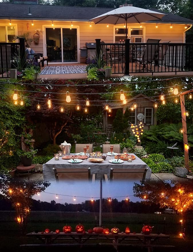 Outdoor String Lights LED 100FT Commercial Grade Heavy Duty Light String Lights with 30 Sockets 32 Shatterproof Plastic Bulbs Include 2 Spare S14 Dimmable Edison Bulbs Patio Market Cafe Light