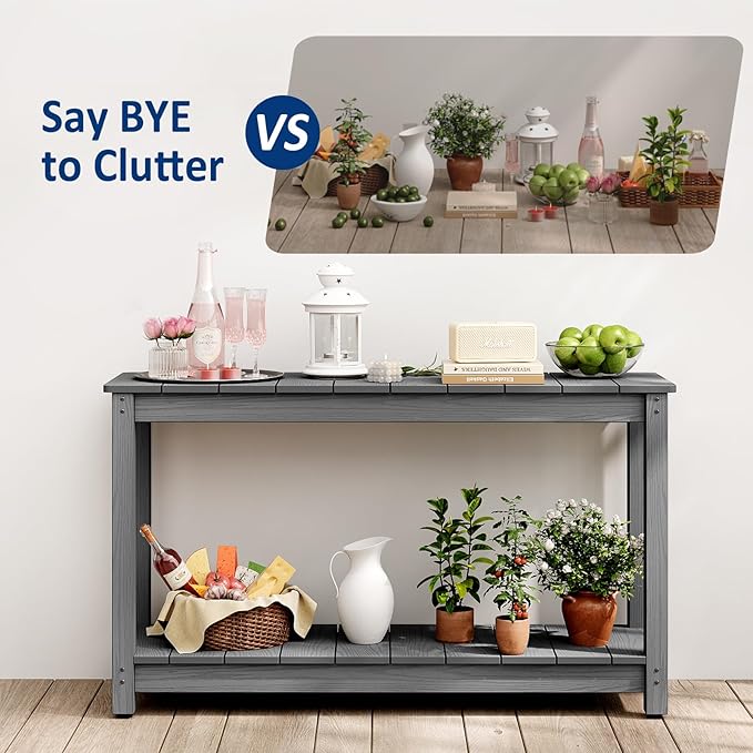 Outdoor Console Table, 48" Weather Resistant HIPS Patio Side Table, 440LBS Weight Capacity, 2-Tier Multifunctional Buffet Bar Storage Organizer for Garden Deck, Gray