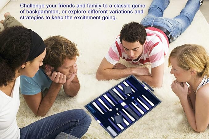 Backgammon Sets for Adults, 15 inch Backgammon Blue Sets Classic Board Game with Premium Leather Case, Portable Travels Strategy Backgammon Game Set for Adults, Kids (Blue)