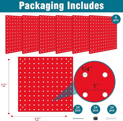 6 Pack Steel Peg Board,Universal 1/8 and 1/4 Pegboard Accessories,Ideal for Garage Tool Storage, Office Organization, Craft Room, Kitchen etc. (Red, 6-12X12)