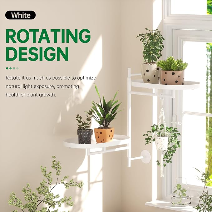 Rotating Window Plant Shelves for Multiple Plants Indoors,2-tier Metal Corner White Plant Stand Holder Floating Plant Shelf for Wall，Windows Sill Gifts for Plant Lovers to Enhance Home Decor
