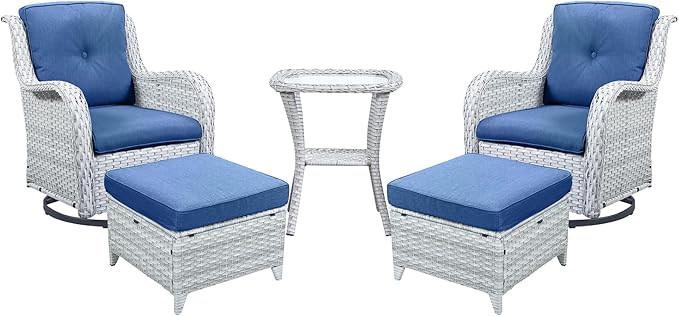 Outdoor Swivel Rocker Furniture 5 Pieces Patio Wicker Furniture Sets, Rattan Patio Swivel Glider Chairs with 2 Ottoman and Glass Side Table