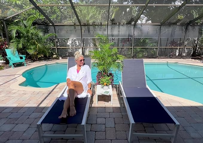 PURPLE LEAF Outdoor Chaise Lounge Staight Legs Adjustable Sunbathing Recliner with Side Table Navy Blue 2 Sets