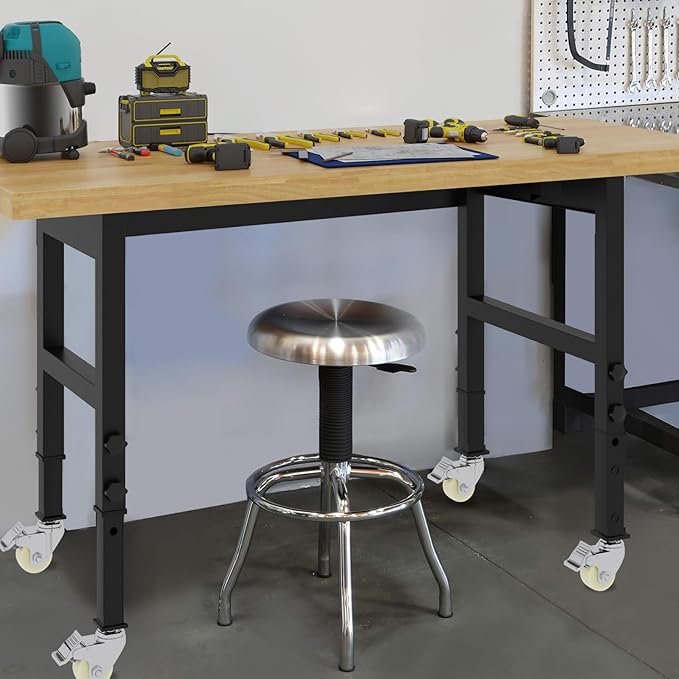 60'' Adjustable Workbench, Solid Wood Work Bench Table with Wheels and Power Outlet, Rolling Workbench Large Load Capacity Garage Workbench for Workshop,Office,Home