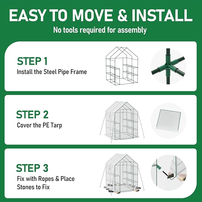 56×56×78Inch Walk-in Greenhouse, Heavy Duty Small Plant House with Thicken PE Cover and Steel Frame, for Garden, Outdoors, Indoors, White
