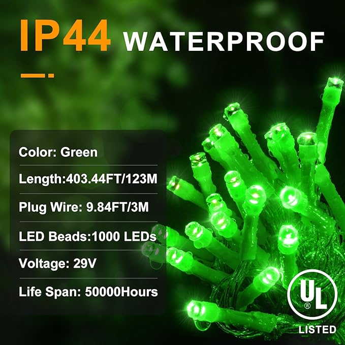 KNONEW 403ft 1000 LED Christmas String Lights Outdoor 8 Modes & Timer Fairy Light Plug in Waterproof LED Fairy Lights for Xmas Yard Tree Wedding Party Holiday Decorations (Green)