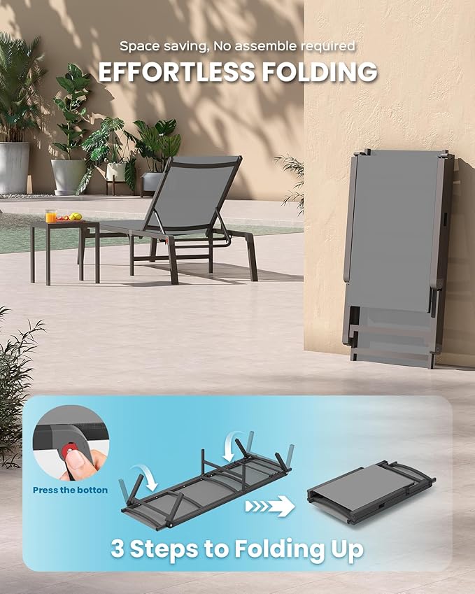 Pool Lounge Chairs Set of 2, Foldable Aluminum Chaise Lounge Outdoor with 5 Positions Recliner - Free Assembly - Patio Chaise Lounge Chair for Poolside, Beach, Yard (Darkgray, 2 Pack)
