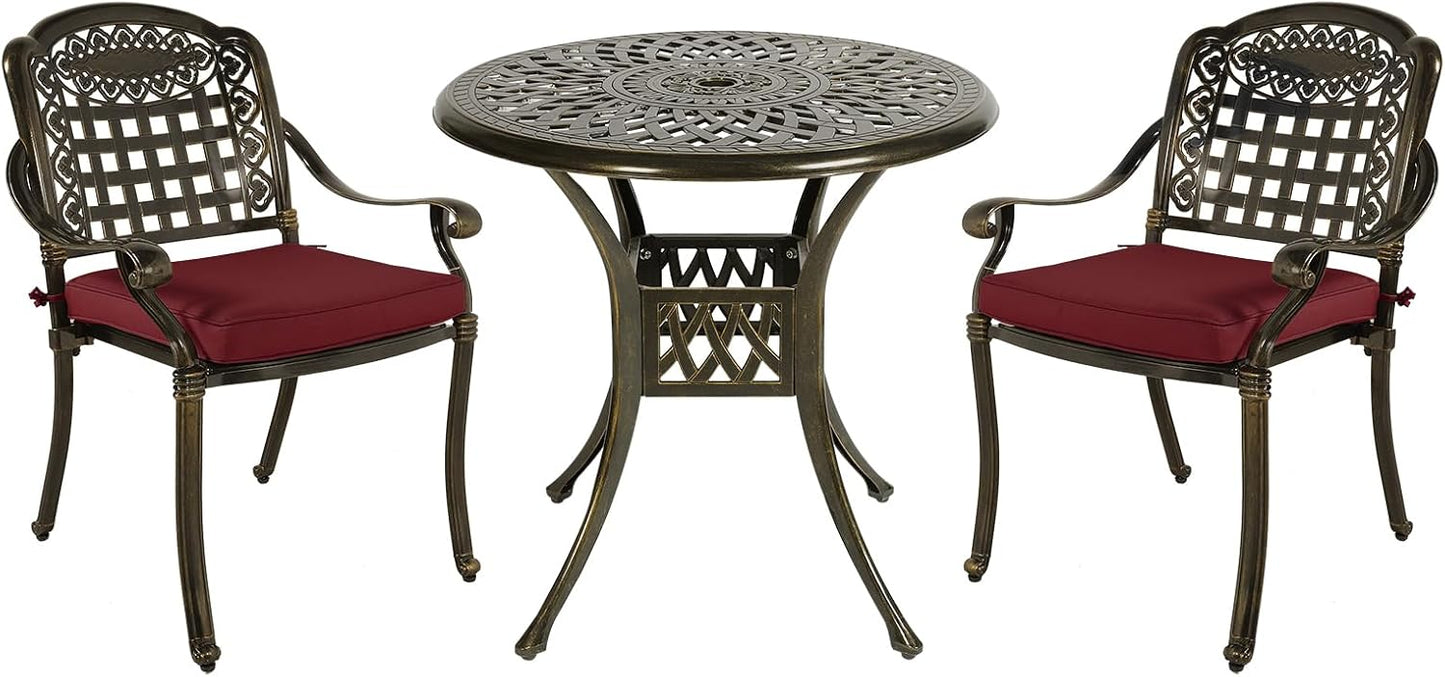 MEETWARM 3 Piece Patio Bistro Set, Outdoor All-Weather Cast Aluminum Dining Furniture Set Includes 2 Chairs with Cushions and a 31” Round Table with Umbrella Hole for Garden Deck, Chili Red