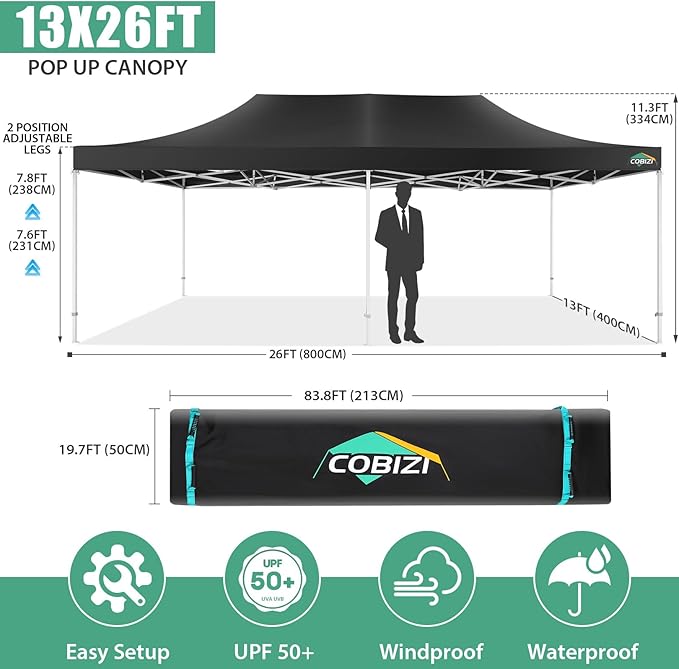 COBIZI 13x26 Pop Up Tent Heavy Duty Canopy with Removable Sidewalls Party Tent Outdoor Wedding Large Event Tent with Roller Bag for Garden Lawn Waterproof UPF 50+ Easy Up, Black (Framework Upgraded)