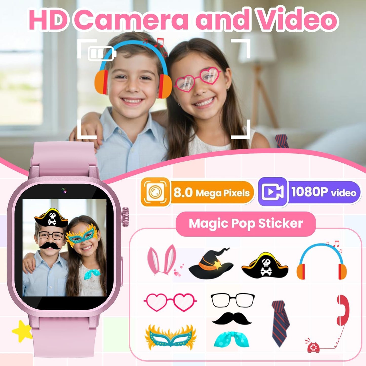 Waterproof Smart Watch for Kids Girls Ages 5-12 with 39 Games, HD Camera, Video, Music, Habit Tracking, Alarm, Pedometer, Kids Smart Watch Chrismars Birthday Gift for Girls Age 5 6 7 8(Pink)